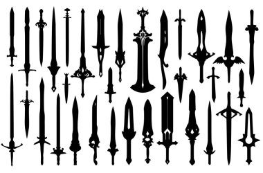 Çeşitli Kılıç Siluetleri Koleksiyonu. Farklı fantezi ve ortaçağ tasarımları içeren çeşitli siyah kılıç siluetleri koleksiyonu..