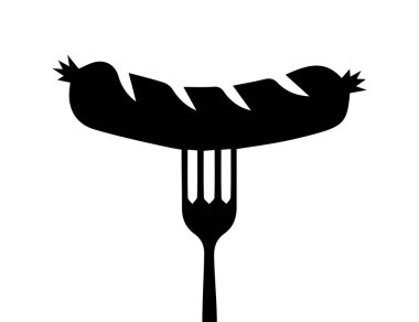 Çatal siluetinde ızgara sosis. Izgara sosisin siyah bir silueti, mangal, ızgara ve açık hava yemeklerini simgeliyor..