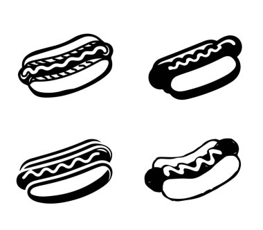 Farklı Toppings 'li Hot Dog Siluetleri. Her biri farklı sos ve malzemeli dört sosisli sandviçten oluşan eğlenceli bir siyah-beyaz çizim..