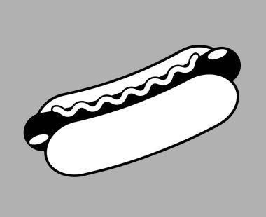 Gri Arkaplanda Minimalist Hot Dog Illustration. Gri arka planda sosisli sandviçin basit bir siyah-beyaz çizimi..