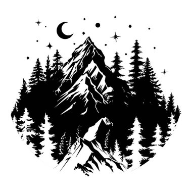 Siyah ve Beyaz Dağ Sahnesi. Gece gökyüzünde orman ve hilal ile dramatik dağ manzarasının siyah ve beyaz çizimi dövmeler, baskılar veya açık hava çizimleri için mükemmeldir.