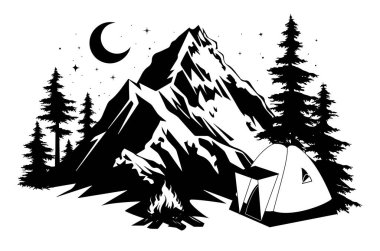 Kamp Gecesi. Gece dağlarının altında ay ve çam ormanlarıyla kamp çadırı çizimi. Hilal ay ve yıldızlı gökyüzü ile açık hava macera tasarımı