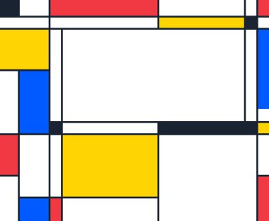 Geometrik Mondrian Tarzı. Mondrian tarzında kırmızı, mavi ve siyah dikdörtgenlerle soyut geometrik vektör çizimi
