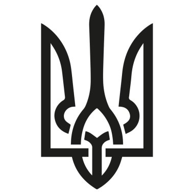 Minimal Ukrayna Tryzub Sembolü. Bağımsızlığı, gücü, vatanseverliği ve kültürel milli mirası temsil eden minimum geometrik yapıda basitleştirilmiş Ukrayna Tryzub ulusal amblemi