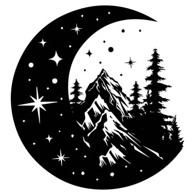 Moonlit Dağ Ormanı. Dağ manzarasının dairesel çizimi. Hilal ay yıldızları ve mistik gece tasarımlı çam ormanı. Dövmeler, baskılar ya da açık hava çizimleri için mükemmel