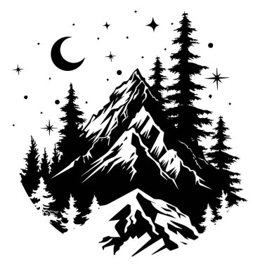 Dağ Gece Ormanı. Ay ve yıldızlı siyah-beyaz dağ ormanı. Minimalist daire çizimi. Dövmeler, baskılar ya da açık hava çizimleri için mükemmel.