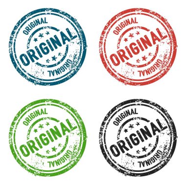 Orijinal Pul Simgeleri. Kırmızı mavi ve siyah grunge tarzında renkli orijinal kauçuk damga simgeleri seti otantiklik işaretleri ve grafik tasarımı için idealdir