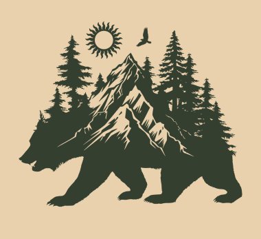 Wild Bear Mountain Macera Posteri ya da tişört baskısı. Vahşi ayıyla orman ve dağ manzarasında macera sanatı keşfin, özgürlüğün ve doğa yolculuğunun ruhunu simgeliyor.