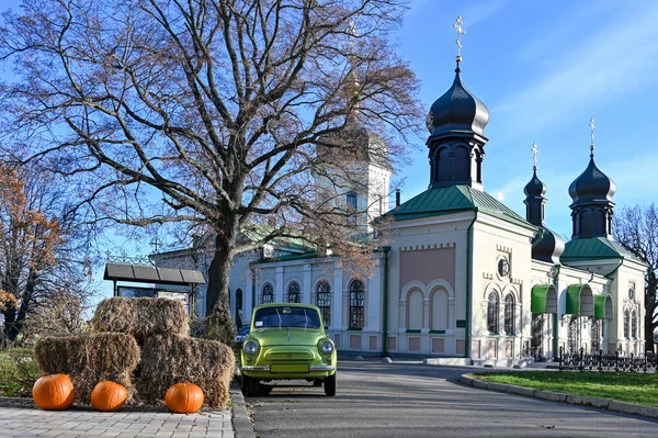 Kyiv şehrindeki botanik bahçesindeki kilise. 