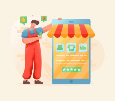 Erkekler tulum giyer. İnternetten alışveriş. İllüstrasyon kavramı