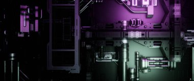 Soyut fütüristik arkaplan, pembe mavi parlak neon, yüksek hız dalga çizgileri ve bokeh ışıkları. 3D Render