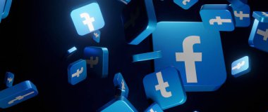 Sosyal medya sitesi ve Facebook seramikleri logosu yüzüyor. Web pankartı 3D oluşturma.
