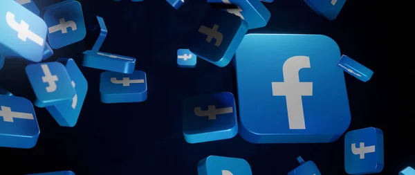 Facebook logosunun 3D yığını. Facebook ünlü sosyal medya .3D görüntüleme.