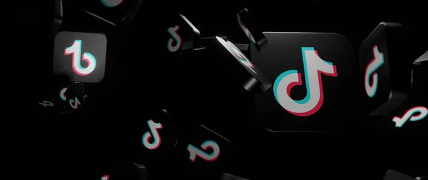 TikTok Sosyal Medya konsepti. Sosyal medya platformu TikTok 'un logolarına sahip küpleri. 3B görüntüleme.