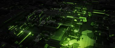 Yeşil parlayan bir devre ağının fütüristik üç boyutlu görüntüsü, teknolojik gelişmeyi ve dijital sistemlerin birbirine bağlılığını sembolize ediyor..