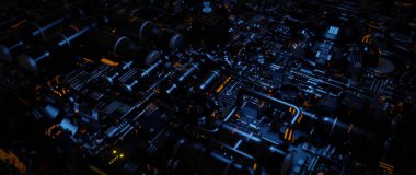 Karmaşık devre ve parlayan elementlerle fütüristik teknolojinin soyut çizimi büyüleyici ve fütüristik bir estetik yaratıyor.