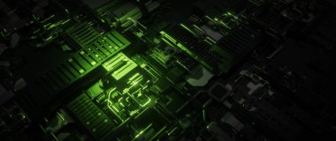 Parlayan neon yeşil devrenin soyut bir görüntüsü modern teknoloji sisteminin karmaşık ve karmaşık tasarımını gözler önüne seriyor..