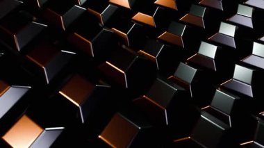 Görüntü, koyu renkli metal küplerin soyut bir bileşimini gösteriyor. Işık ve gölgenin etkileşimi üç boyutlu dokuyu geliştirir..