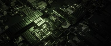 Karmaşık detaylar ve karmaşık devrelerle, teknoloji ve yenilik temalarını çağrıştıran, gelecekçi bir makinenin soyut bir görüntüsü..