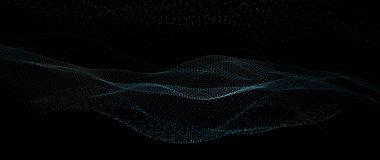 Siyah zemin üzerinde mavi parçacıklar akan zarif soyut bir zemin. Teknoloji, bilim, yapay zeka ve gelecek kavramları için idealdir. Yüksek çözünürlüklü görüntüleyici.