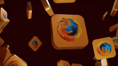 Uçan Firefox tarayıcı uygulama simgelerinin dinamik 3D canlandırması. Simgelerin üzerinde koyu arkaplan ile modern, metalik turuncu bir kaplama var. Teknoloji yazıları, web tasarımı ve dijital markalaşma sunumları için ideal.