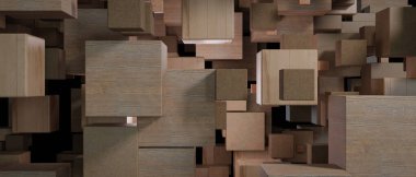 Çeşitli ahşap tahıl ve mantar yüzeylere sahip çeşitli dikdörtgen bloklar kompleks, çok katmanlı üç boyutlu bir bileşim içinde düzenlenir..