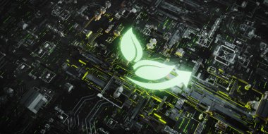 Karmaşık bir dijital devre üzerine parlayan üç boyutlu yeşil bir yaprak ve geri dönüşüm simgesi, sürdürülebilir teknoloji ve çevresel yeniliği simgeliyor.