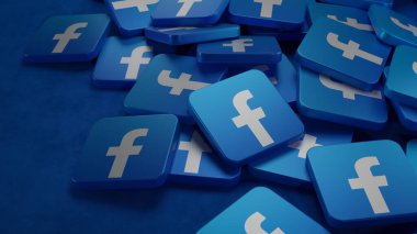 Facebook uygulama simgelerinin üç boyutlu canlandırması bir araya toplandı. Mavi ve beyaz logolar dokulu bir zemin üzerine dağılmış, ağ, yayın kullanımı veya sosyal medya kavramları için ideal modern bir kompozisyon oluşturmaktadır..