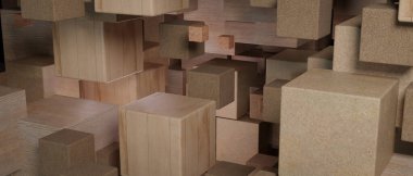 Farklı ahşap tahıl ve mantar dokularına sahip çeşitli 3D bloklar karmaşık, üst üste binen mimari bir yapıda düzenlenmiştir..