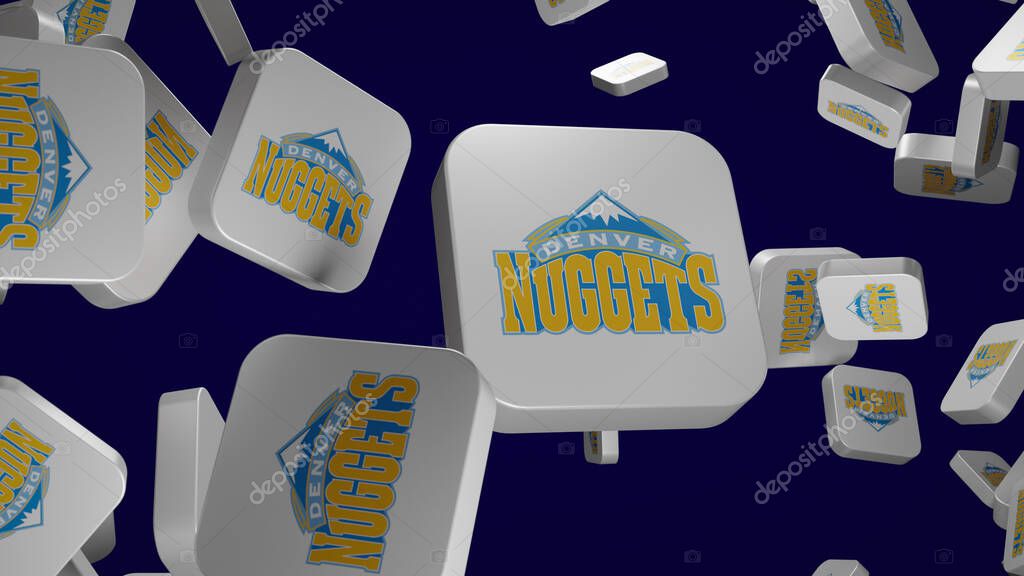 3D rendering of floating blocks featuring the Denver Nuggets NBA team logo. This dynamic composition against a solid blue background is ideal for editorial use, sports websites, social media, or as a modern digital wallpaper.