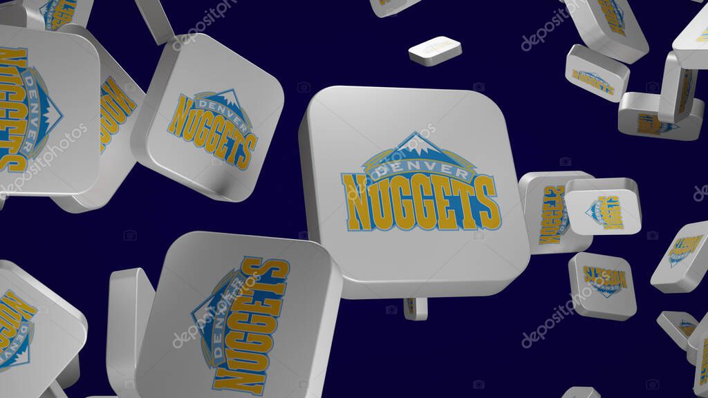 A 3D render featuring multiple floating tiles with the Denver Nuggets logo. This dynamic composition against a solid blue background is ideal for sports media, editorial use, web design, or as a digital wallpaper. Modern illustration.