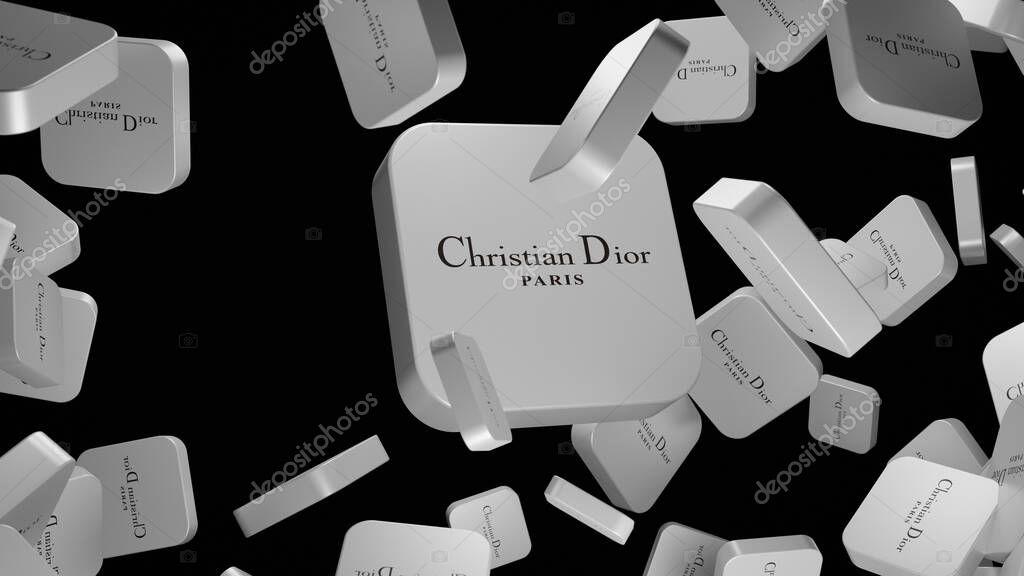 3D render of silver Christian Dior brand logos on floating tiles. Dynamic, abstract composition isolated on a black background. Modern monochrome design for luxury branding, web, or editorial concepts.
