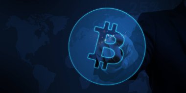 Sersemletici Bitcoin finans grafiği sunumlar, web tasarımı ve bilgi grafikleri için ideal. Küresel iş ve teknoloji teması.