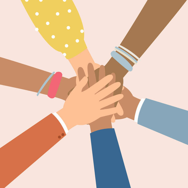 Все вместе, стопка рук. Концепция единства и командной работы.