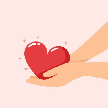 Kalp elde, eller kalbi tutuyor ve insanlara sevgi veriyor. Aşk ve bakım konsepti.
