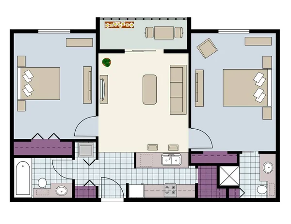 两间卧室和两间浴室公寓的向量 附有家具的详细平面图 — 图库矢量图片