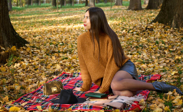 Fall picnic on november. Young woman resting in nature on blanket with book and diary. Autumn mood. People, lifestyle, relaxation and vacations on nature concept. High quality photo