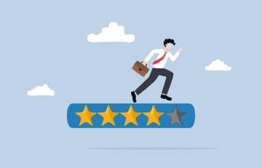 Aspiration and motivation for self-development, skill enhancement to boost productivity, expectation to be qualified employee, Businessman running on 5-star rating loading panel. clipart