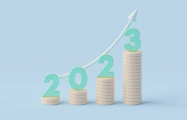 Rising coin stacks with exponential arrow graph of year 2023, rapid financial growth in year 2023, business prosperity concept, 3d render illustration.