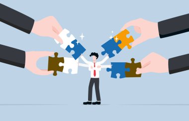Business coordination skill, ability to work effectively with others, clear communication and adapting to changing circumstance concept, Businessman connecting jigsaw puzzles with many hands. 