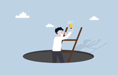 Gaining new knowledge from solving problem, learning from career mistake to improve skills and achieve better result next time concept, Businessman climbing out of hole and holding idea light bulb. 