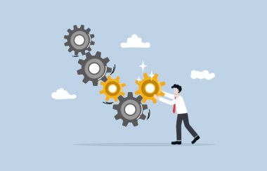 Efficient workflow, optimization of working process, productivity development concept, Businessman arranging gear or cogwheels as ticked symbol.