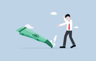 Piyasadaki düşüş, kötü karar verme, çeşitlendirme eksikliği, ya da öngörülemeyen olay, başarısız iş konsepti, banknot kazasında kağıt uçak kazası geçiren üzgün iş adamı..