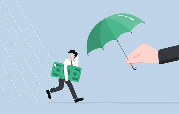 침체중 시민을 확산되는 비에서 우산으로 달리는 지폐를 Businessman — 스톡 벡터