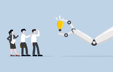 Makine öğrenimi, veri analizi ve iş dünyasına bilgi sağlamak için yapay zeka, iş konsepti için otomasyon sistemi, iş adamlarına fikir ampulü gösteren robot el. 