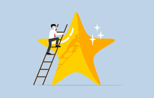 stock vector Improving performance to excellence, effort to become more professional at work, career development concept, Businessman climbing ladder leaning against big star.