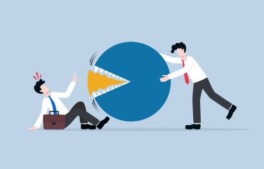 Piyasa hakimiyeti, piyasa payını ele geçirerek rakibi yenmek, iş tekeli girişimi konsepti, rakiplerinin pazar payını ele geçirmeye çalışan iş adamı..