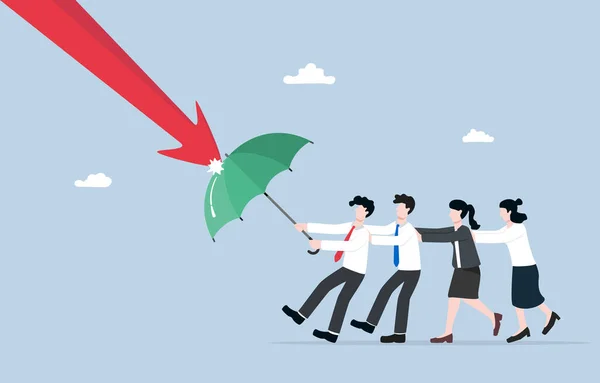 团队合作帮助企业渡过危机 合作克服困难 团队支持理念 企业人员推广伞 防止向下箭头攻击 — 图库矢量图片