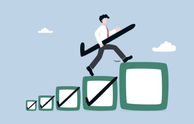 Kariyer artışı ve daha zorlu bir görev, daha üst düzey bir görevi tamamlama çabası, iş deneyimi ve gelişim konsepti, daha büyük onay kutusuna adım atan işadamı.