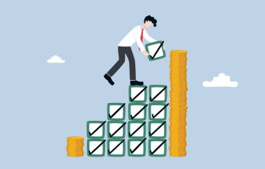 Birden fazla projenin tamamlanması nedeniyle maaş artışı, iş başarısı konsepti, İşadamı 'nın tamamlanmış çek kutuları kullanarak daha yüksek madeni para yığınına ulaşmak için merdiven inşası.